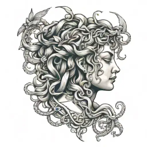 Medusa Holding Head Vines And Birds Perched