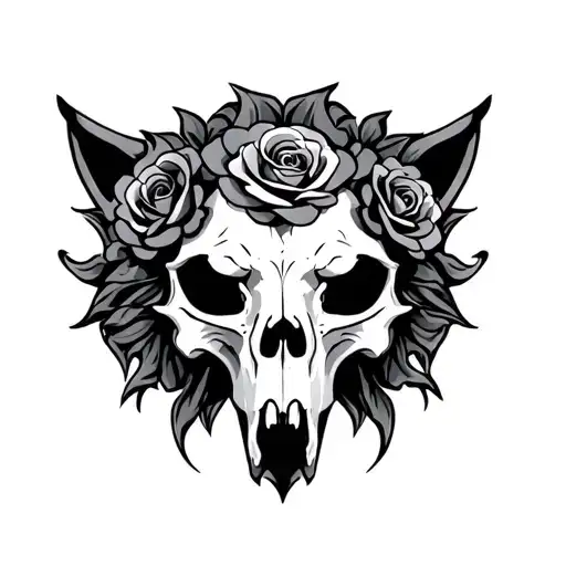 Black And Grey Wolf Or Lion Skull Rose