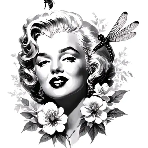 Marilyn Monroe And Dragon Flies And Flowers