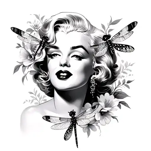 Marilyn Monroe Outline And Dragon Flies And Flowers