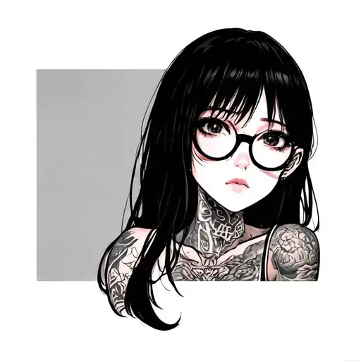Anime Girl With Tattoos And Black Rimmed Glasses And Black Hair