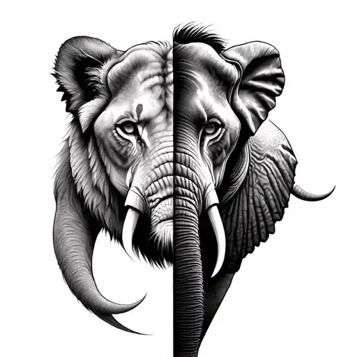 Half Lioness Face Half Elephant Face With Elephant Trunk Up