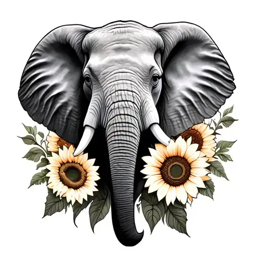 Elephant Face With Trunk Up Surrounded By Sunflowers