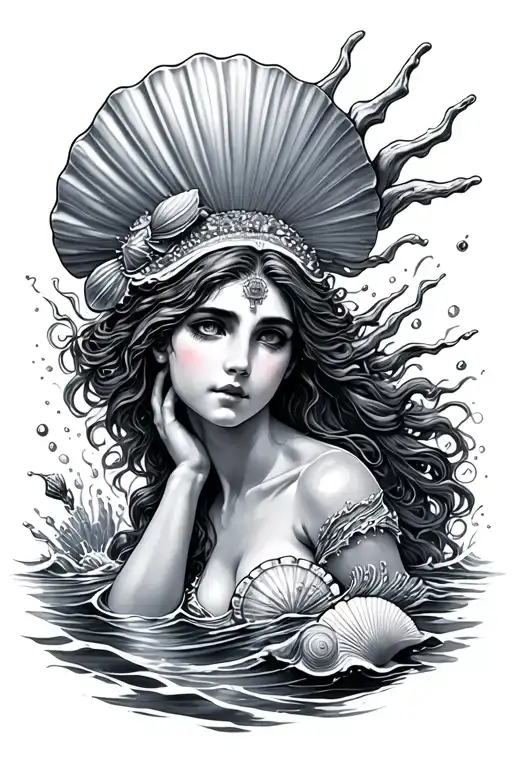 Aphrodite Coming Out Of The Ocean With Seashells Incorporated And A Seashell Top On