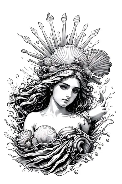 Aphrodite Coming Out Of The Ocean With Seashells Incorporated And A Seashell Top On