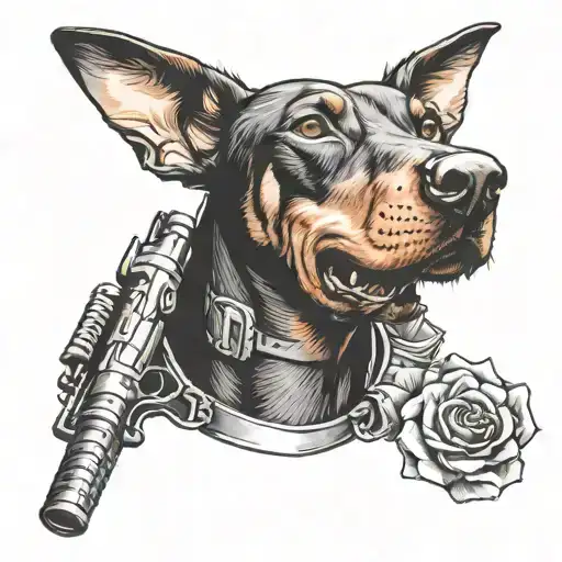 Doberman With A Rose In Its Mouth Holding An Ar15 Rifle
