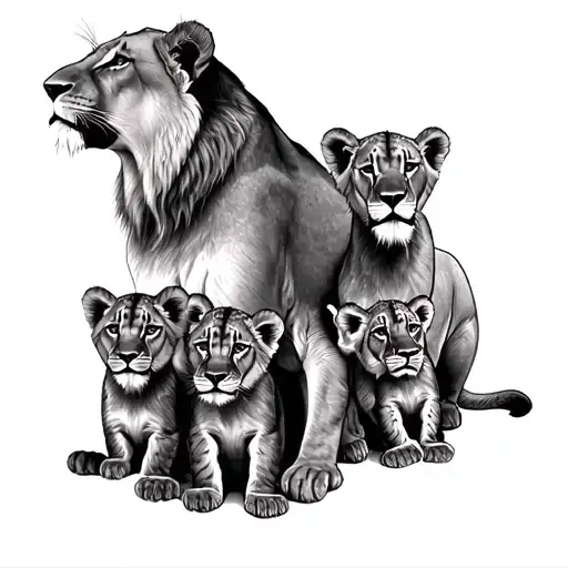 Lioness And 5 Cubs