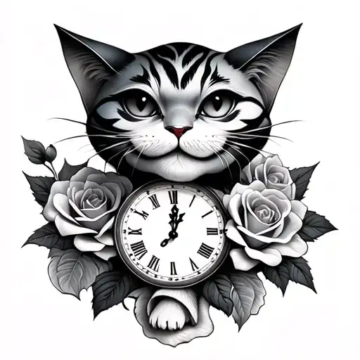 Cheshire Cat With Clock And Mushroom And Roses