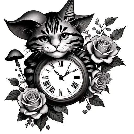 Mad Cheshire Cat With Clock And Mushroom And Roses