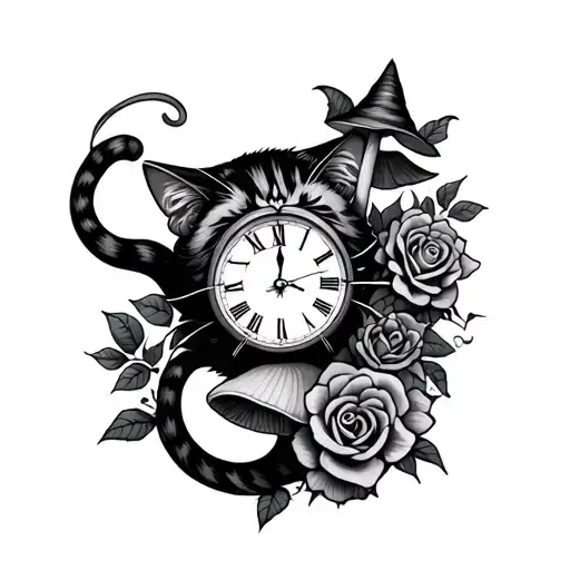 Trippy Cheshire Cat With Clock And Mushroom And Roses