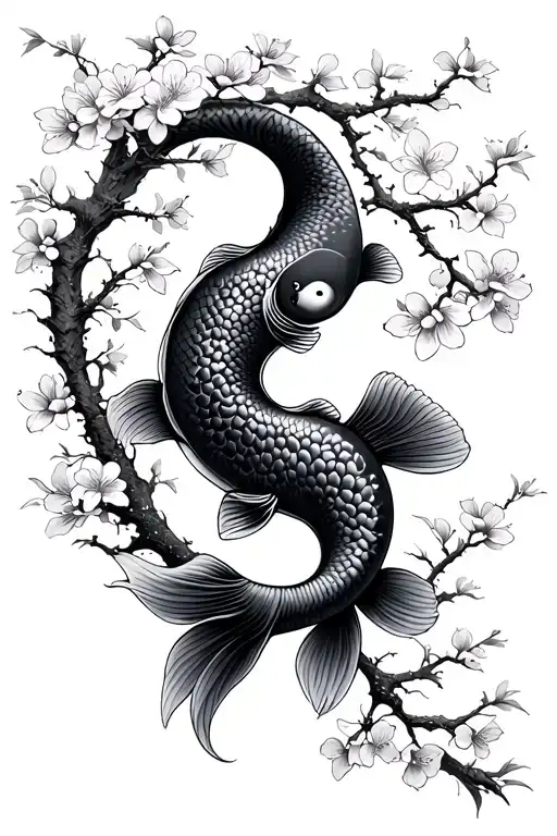 Cherry Blossom Tree With A Ying And Yang As Koi Fish