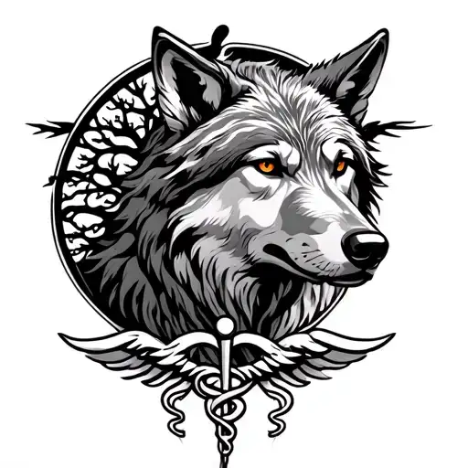 Wolf With Tree Of Life And Caduceus Symbol