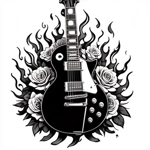 Black Gibson Les Paul Surrounded By Flames And Roses
