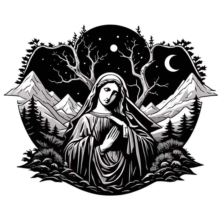 Virgin Mary Surrounded By Trees And Mountains