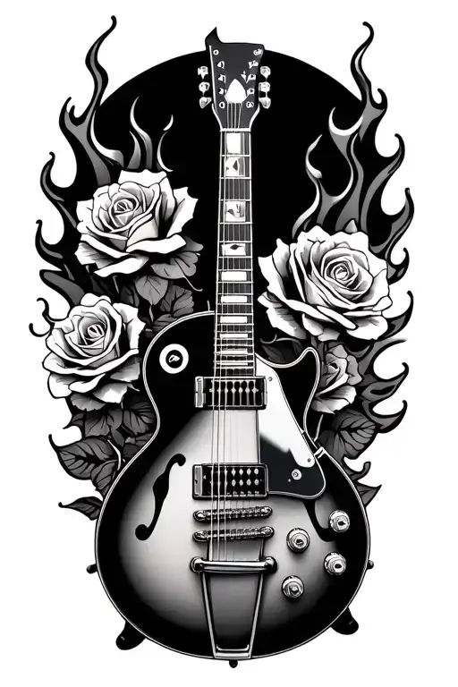 Black Gibson Les Paul Surrounded By Flames And Roses