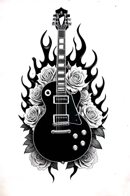 Black Gibson Les Paul Surrounded By Flames And Roses