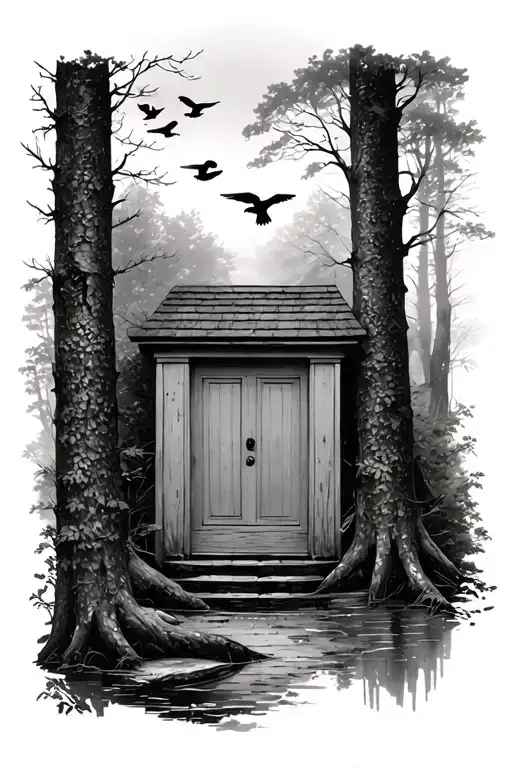 Realism Woods Scene With Door And Ducks Flying