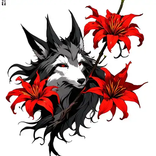 Moro From Princess Mononoke With Red Spider Lilies