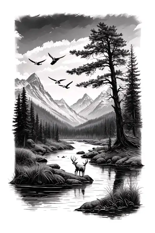 Realism Woods Scene With River And Mountains And A Deer With Ducks Flying