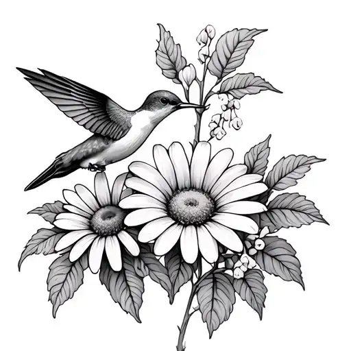 Wisteria And Daisy With Hummingbird Hovering