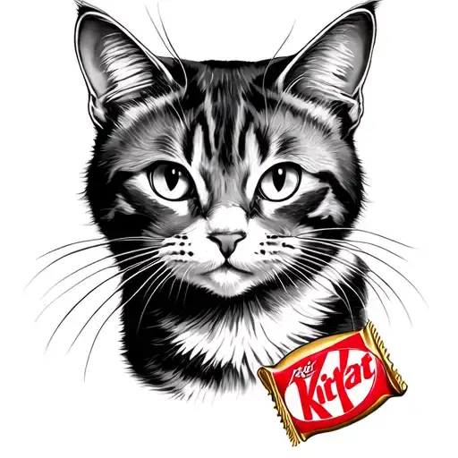 Cat With Kit-kat Bar Fine Line Tattoo Design