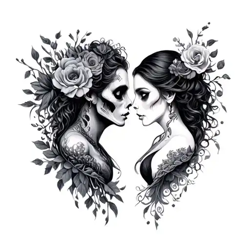 Matching Couple Tattoo Including Macabre Nature And Romance