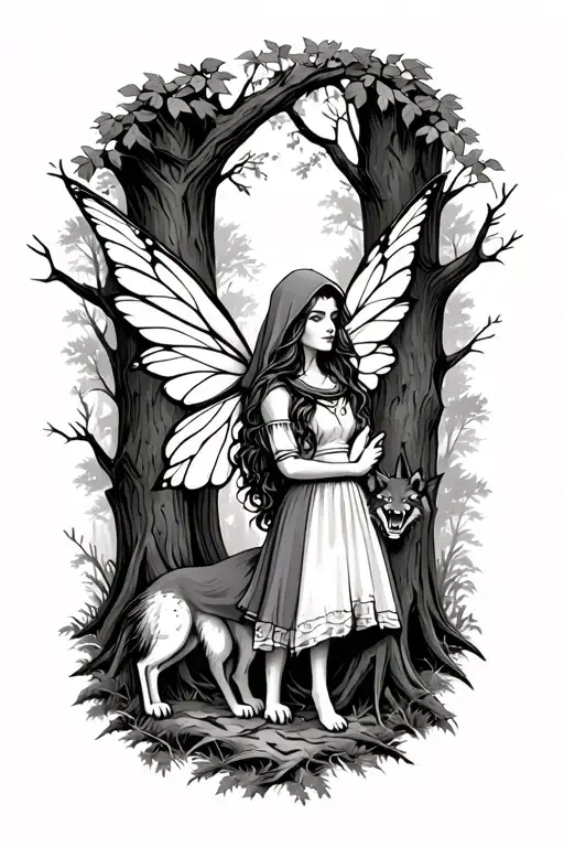 Little Red Riding Hood As A Fairy In Woods With Snarling Wolf In Trees