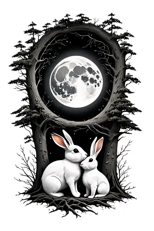 3 Rabbits Infont Of Moon Surrounded By Trees