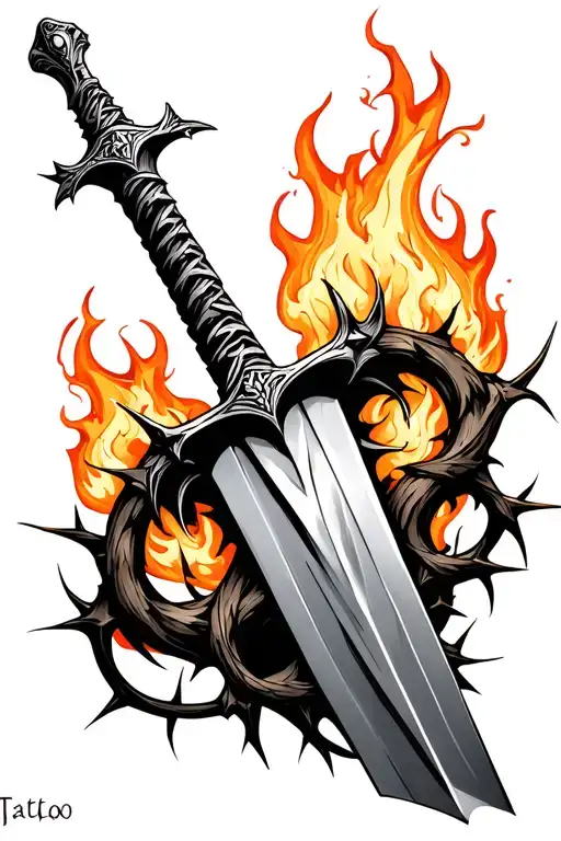 Sword With Fire Around And Thorns Wrapped