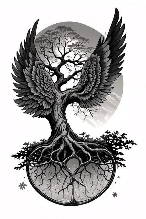 Back Tattoo Tree Of Life And Sinple Line Wings