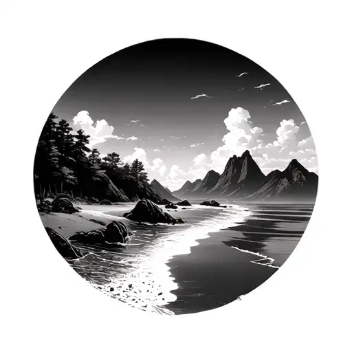 Beach Landscape Merging To The Mountains Inside