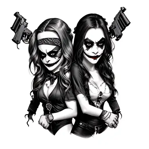 Girly Harley Quin And Joker With Bandana Face Masks And Guns