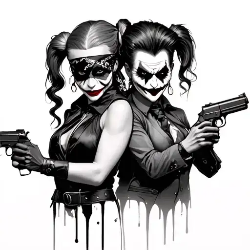 Harley Quin And Joker With Bandana Face Masks And Guns