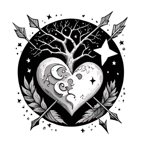 A Sketch With Hear And Moon And Star And Tree Of Life And Arrow