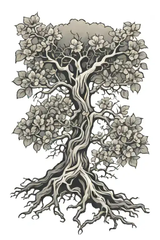 Tree Of Life With Ivy And Cherry Blossom In Roots Of Tree