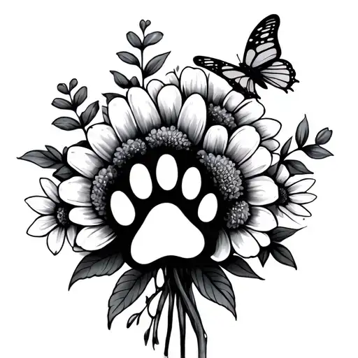 Flower Bouquet With Dog Paw Print And Butterfly