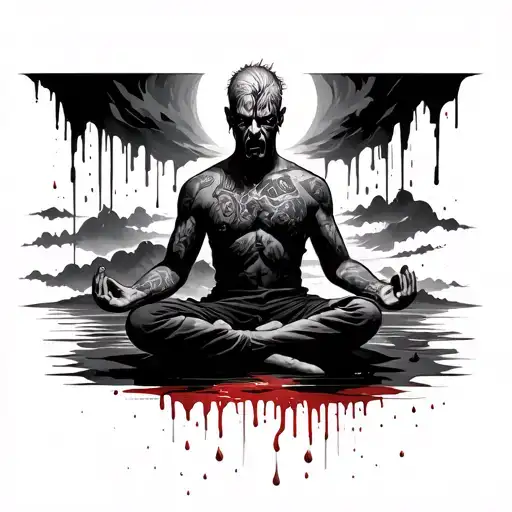 Angry Person Meditating Man With Bloody Sky And Blood Raining