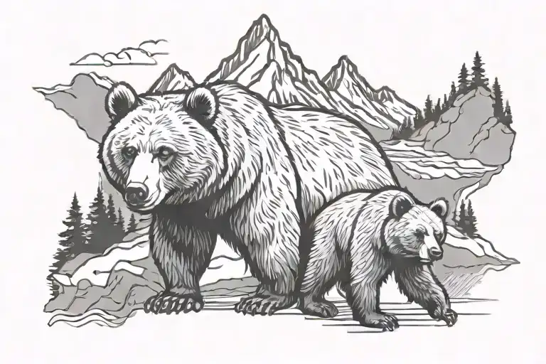Mama Bear And Baby Bear With Mountain Inside Representing The Client's Love