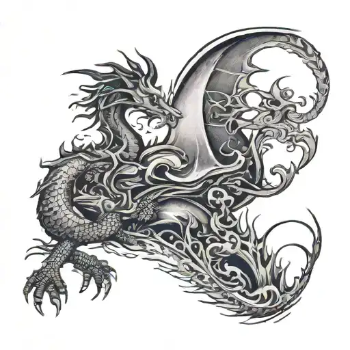 The Battle Of The Dragon With The Moon And The Sun And The Bird