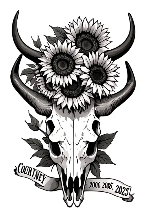 Longhorn Skull With Sunflowers With The Name Courtney And The Years 2006-2025