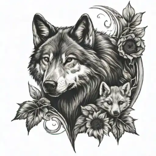 Wolf And Babies With Sunflowers