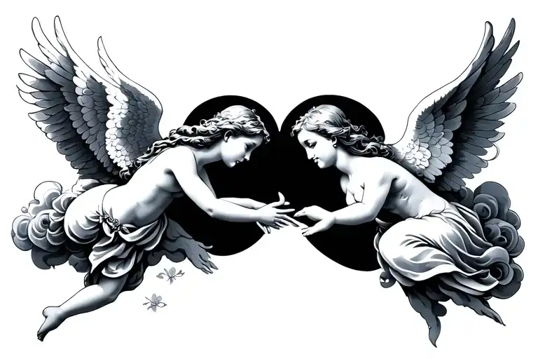 Angels In Clouds Reaching For Each Other