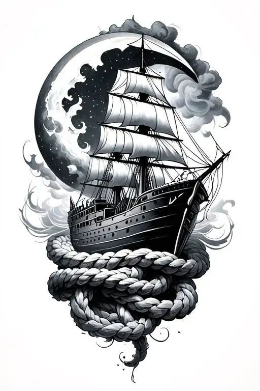 Ship Fading Into Smoke Forming A Coiled Rope Intertwined With A Half Moon