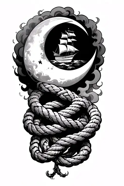 Ship Fading Into Smoke Forming A Coiled Rope Intertwined With A Half Moon