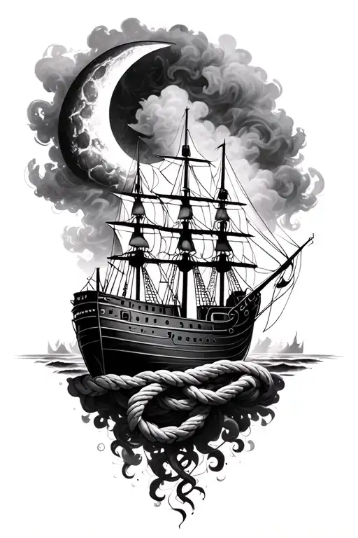 Ship Fading Into Smoke Forming A Coiled Rope Intertwined With A Half Moon