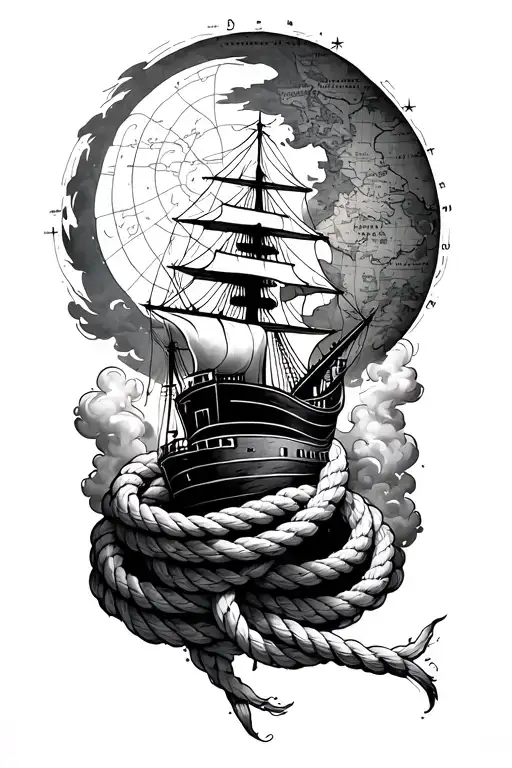 Ship Fading Into Smoke Forming A Coiled Rope Intertwined With A Half Moon Outlined By A Nautical Map