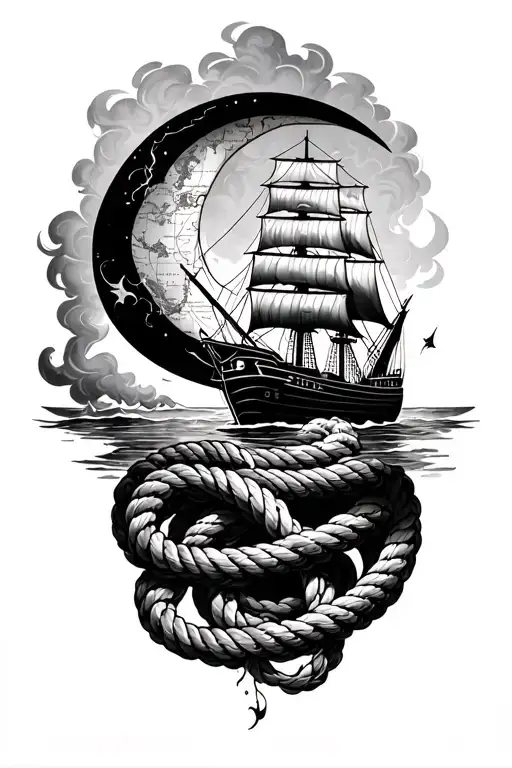Ship Fading Into Smoke Forming A Coiled Rope Intertwined With A Half Moon Outlined By A Nautical Map