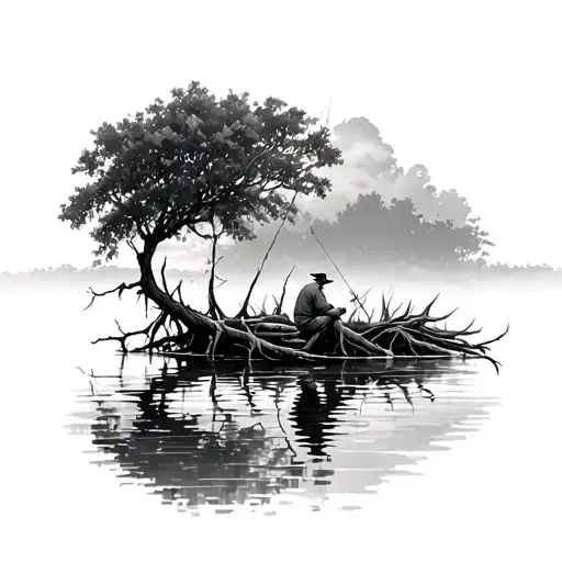 Tall Mangrove Reflecting In The Water With A Fisherman Sitting On Its Roots Casting In The Water