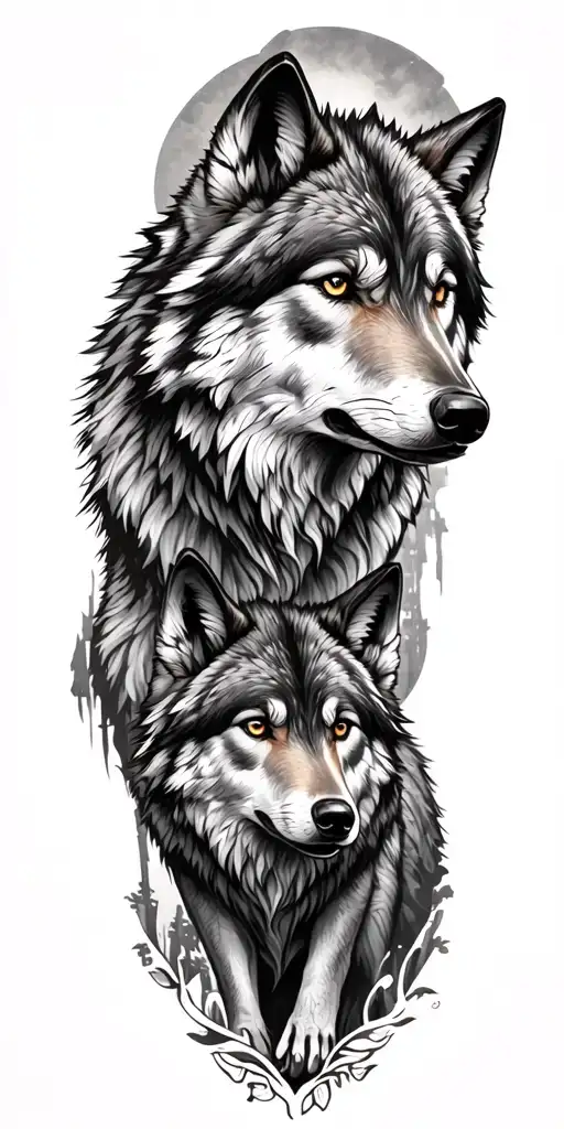 Represent Father And Son As Wolves In A Detailed Forest