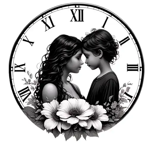 Mother And Son Tatoo With Time And Flowers